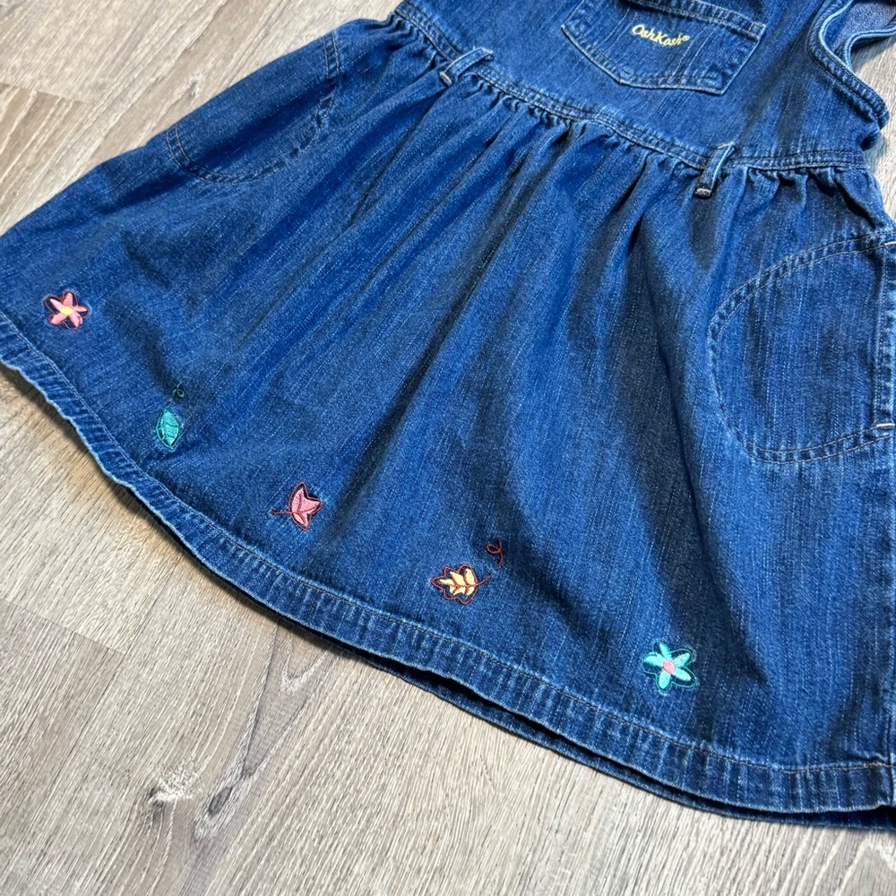 Vintage 90s Oshkosh Denim Overalls Dress 3T Embroidered Leaves Trust Tide Tag - Picture 2 of 7